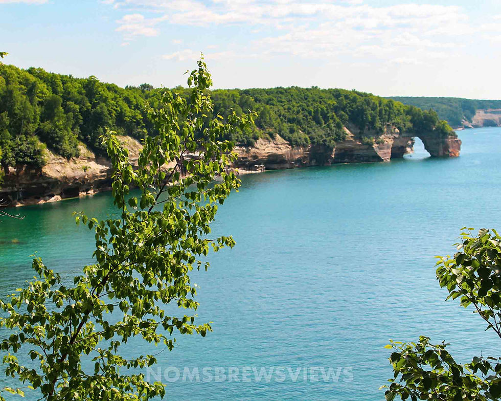 Tree branches frame a view of turquoise water and rocky cliffs with an arch formation. Bright green foliage and a sunny, clear sky.