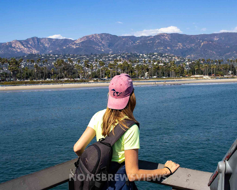 Woman in pink cap and backpack leans on a pier rail, overlooking an ocean with mountains and palm trees in the background, under a clear sky.