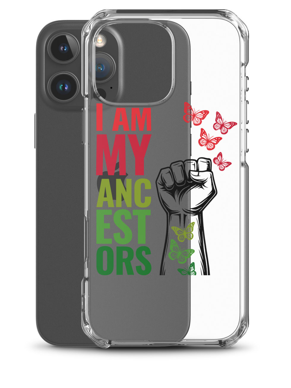 Clear iPhone case, red butterflies, reads: I Am My Ancestors Clear Case for iPhone®.