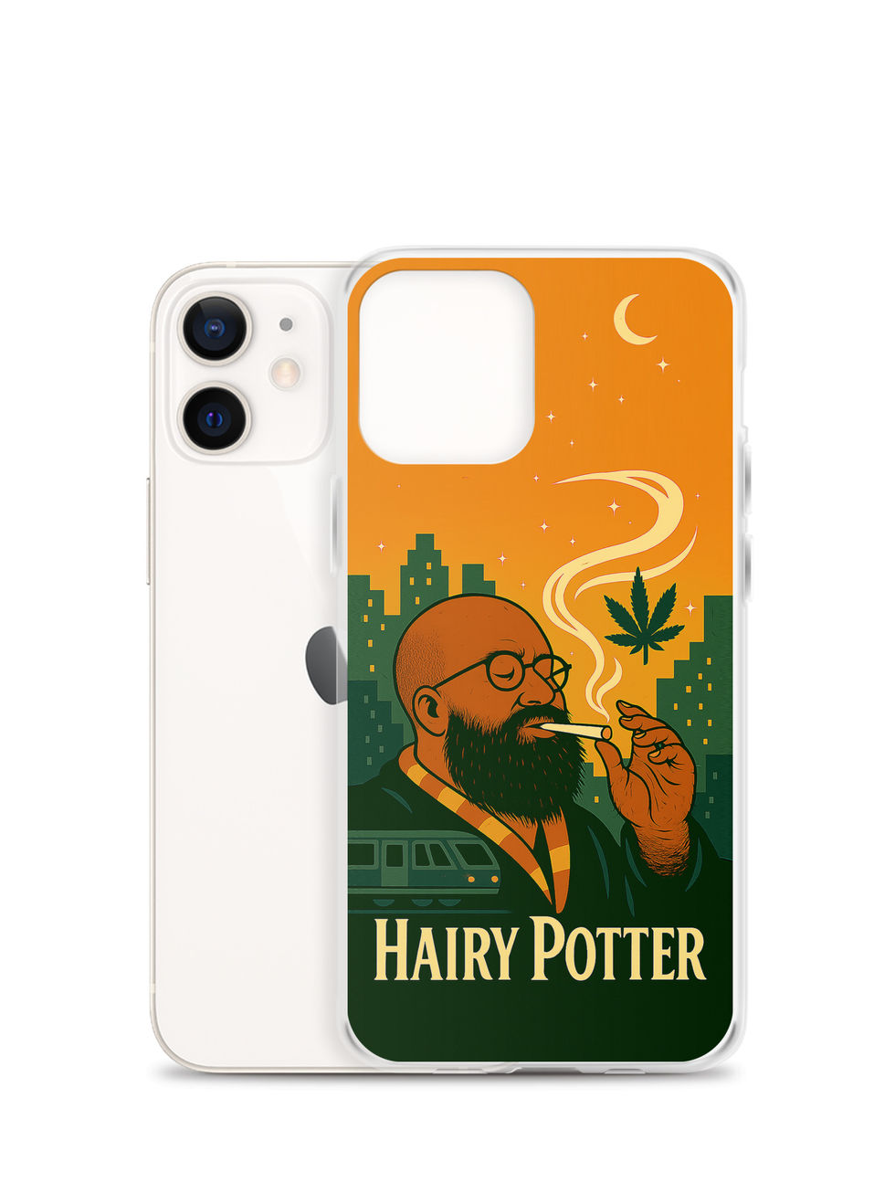 White iPhone displaying Hairy Potter case with smoking figure, orange sky background.