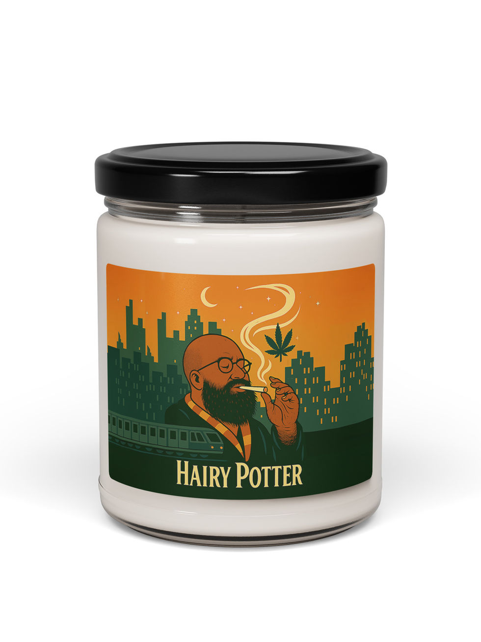 Hairy Potter candle with art and text in front of an orange background Coop