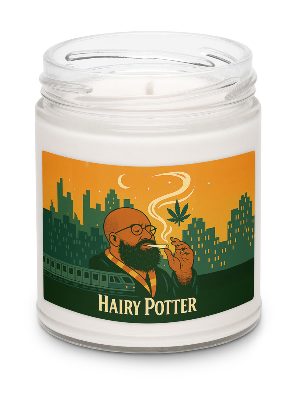 Candle with Hairy Potter label and illustration of a smoking man Coop.