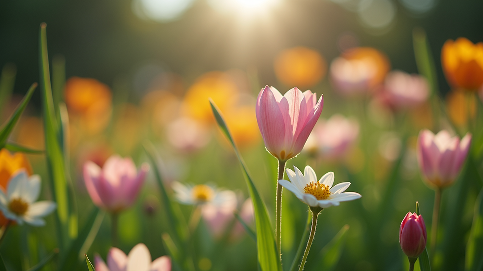 Eye-level view of a serene garden with blooming flowers