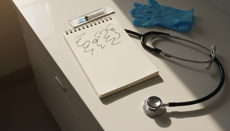 Overhead view of a small notebook beside a stethoscope on a clinic counter.