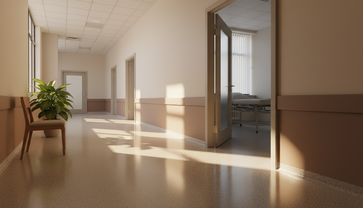 Eye-level view of a quiet clinic hallway with warm light near an exam room door.
