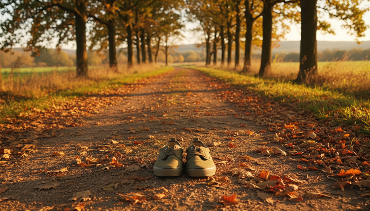Overhead view of walking shoes on a tree-lined path with sunlight on the ground