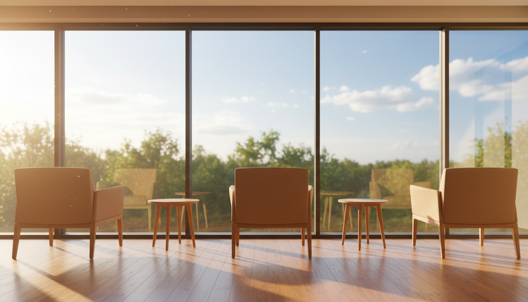 Wide-angle view of a peaceful clinic window with soft sunlight falling across empty chairs.