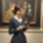 a woman ambassador is in a museum and watching at the watcher. Impressionist style. She ho