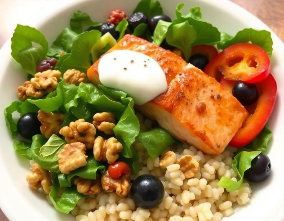 foods to decrease stress (leafy vegetables, cooked salmon over quinoa, walnuts, yogurt ber