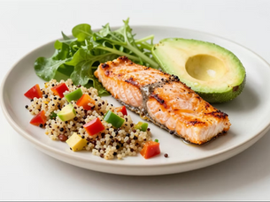 salmon and avocado with grains and vegetables