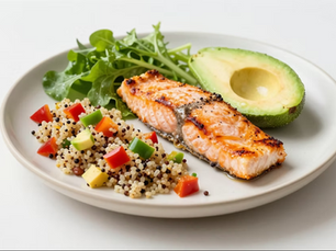salmon and avocado with grains and vegetables