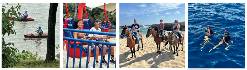 family on vacations - kayaking, Carowinds, horseback riding, snorkeling