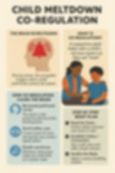 Infographic on child meltdown co-regulation. Includes brain image, supportive adult comforting child, and steps for calming techniques.