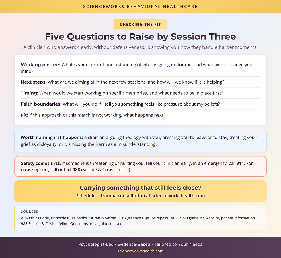 Five questions to raise with a religious trauma therapist by session three, signs of pressure, and 911 and 988 safety lines
