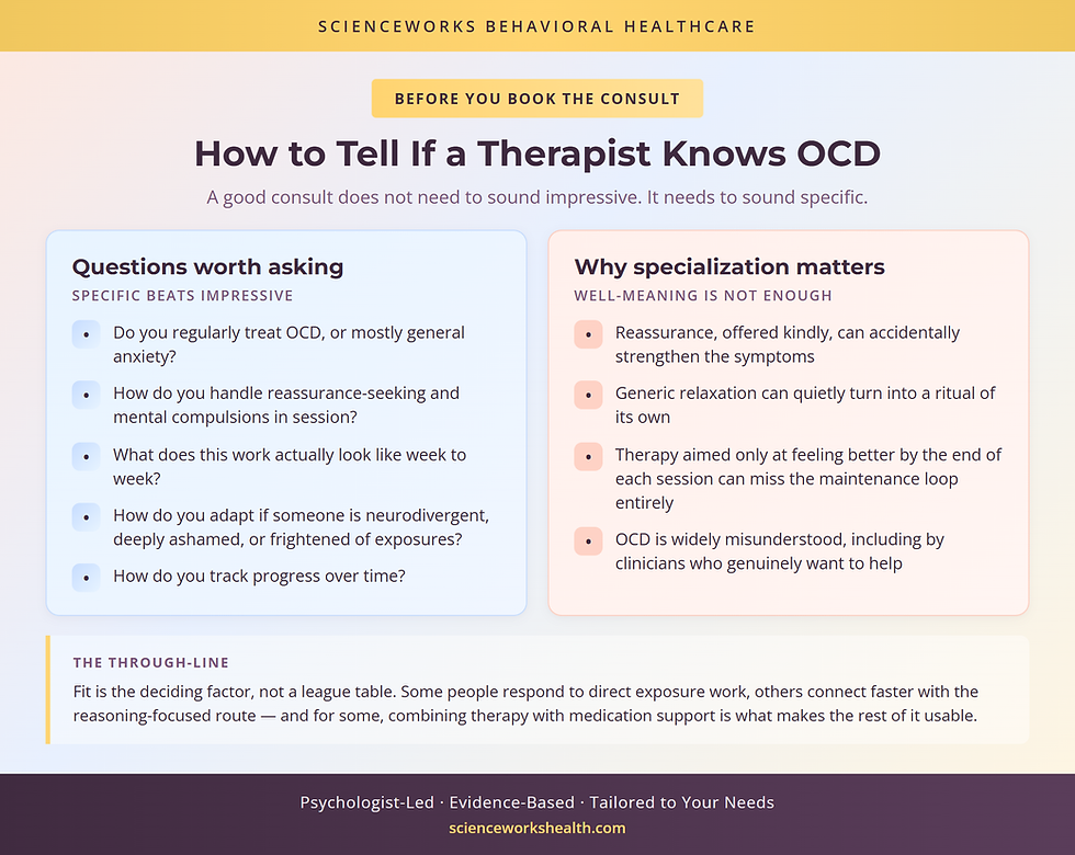 Questions to ask an OCD therapist alongside the reasons specialization changes the outcome.