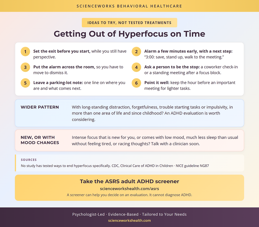How to get out of hyperfocus on time at work, and when hyperfocus is a reason for an ADHD evaluation