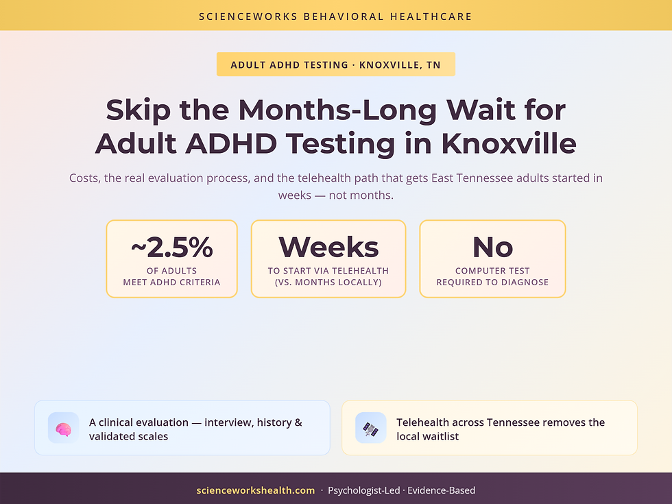 Adult ADHD testing in Knoxville TN: skip the months-long wait with telehealth evaluation across Tennessee