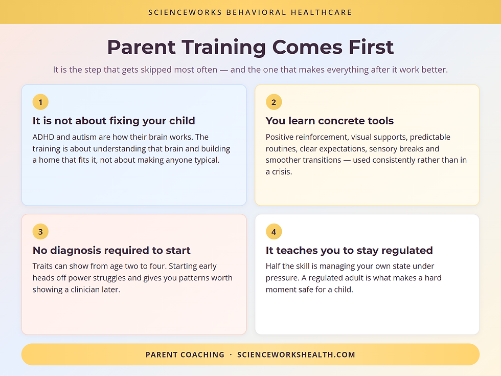 Four things parent training teaches: how the brain works, concrete tools, starting early, staying regulated