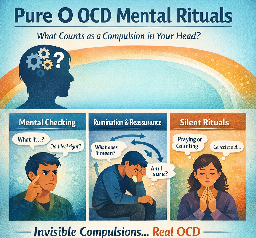 Infographic on Pure O OCD Mental Rituals. Features people contemplating and engaging in mental checking, rumination, and silent rituals.