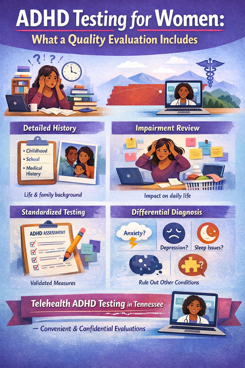 ADHD testing for women infographic. Sections on history, review, testing, and diagnosis with vibrant illustrations. Telehealth option noted.