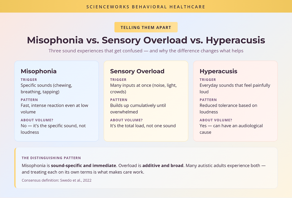 Misophonia vs. sensory overload vs. hyperacusis: triggers, reaction patterns, and whether each is about volume