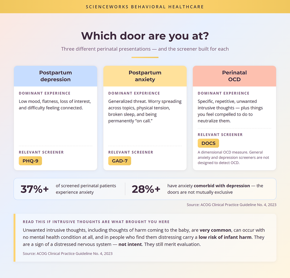 Comparison chart distinguishing postpartum depression, postpartum anxiety, and perinatal OCD by dominant experience and relevant screener, with an ACOG-sourced note that unwanted intrusive thoughts are common and do not indicate intent