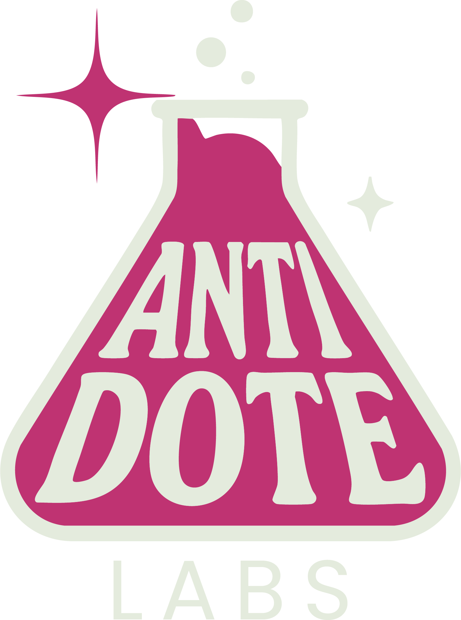 antidote labs logo a vile with sparkles coming out of it antidote in the shapes of a liquid willing the glass