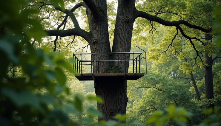 High angle view of a tree stand securely attached to a large oak tree in a forest
