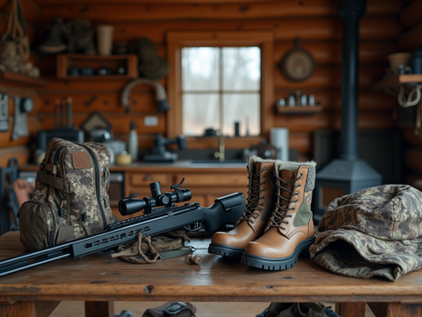 hunting gear spread across a table, backpack, guns and boots.