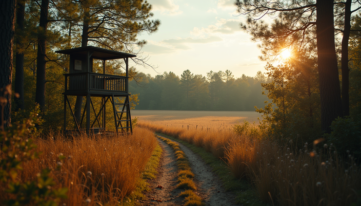 High angle view of a deer stand overlooking a food plot in Alabama