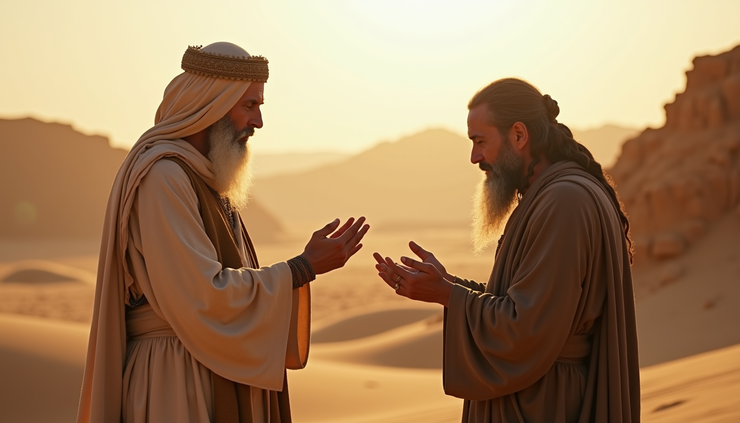 Eye-level view of an ancient desert hermit giving absolution to a solitary seeker