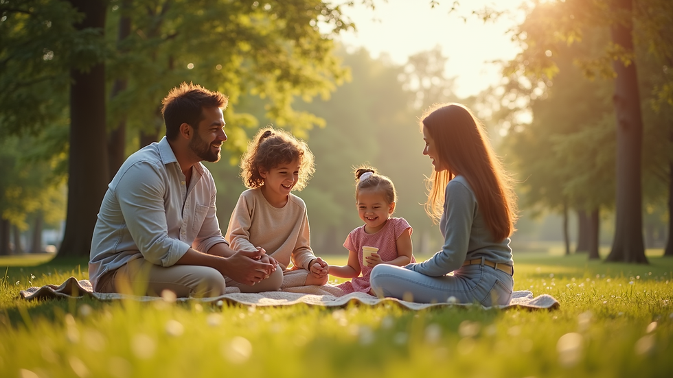 Eye-level view of a family enjoying a picnic in a scenic park
