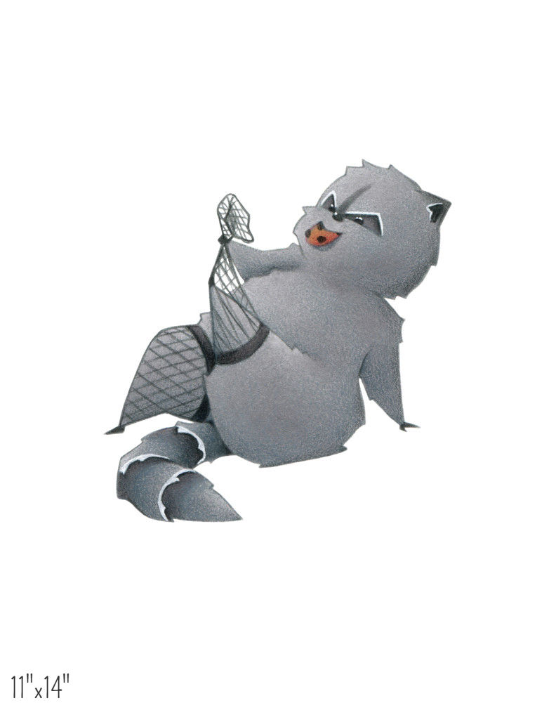 Thumbnail: Raccoon sitting on floor taking off fishnets while eating a cookie.