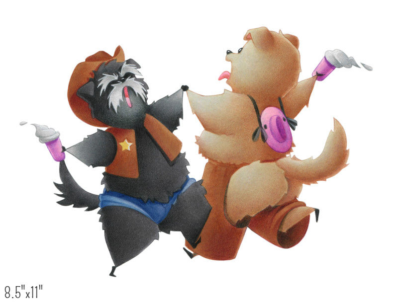 Thumbnail: Two dogs with cowboy attire holding hands dancing.