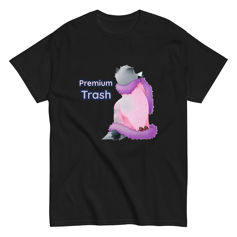 Black shirt with a raccoon in a robe drinking a martini with the phrase "Premium Trash"