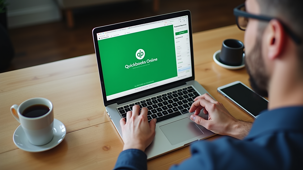 High angle view of a small business owner working on a laptop with QuickBooks Online