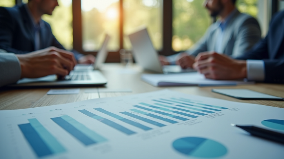 Eye-level view of a business meeting with charts and laptops