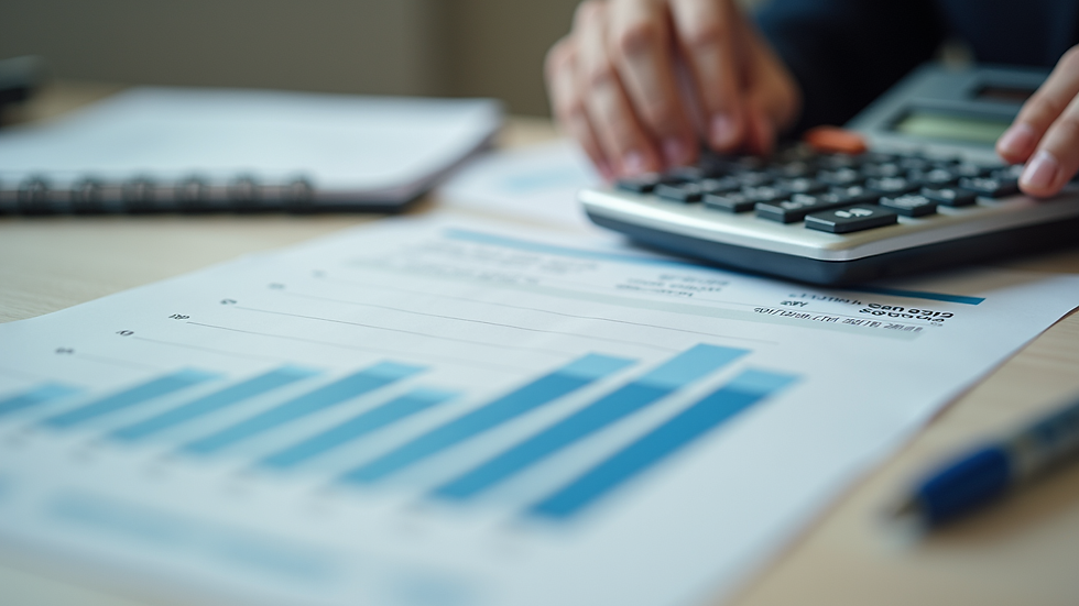 Close-up view of a calculator and financial documents on a desk