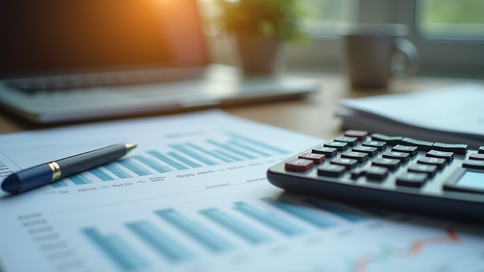 Close-up view of a calculator and financial documents on a desk