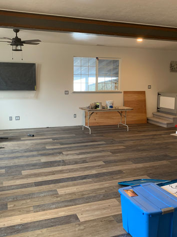 exposed steel beam, flooring installation, ceiling fan installation, farmhouse, Morden farmhouse