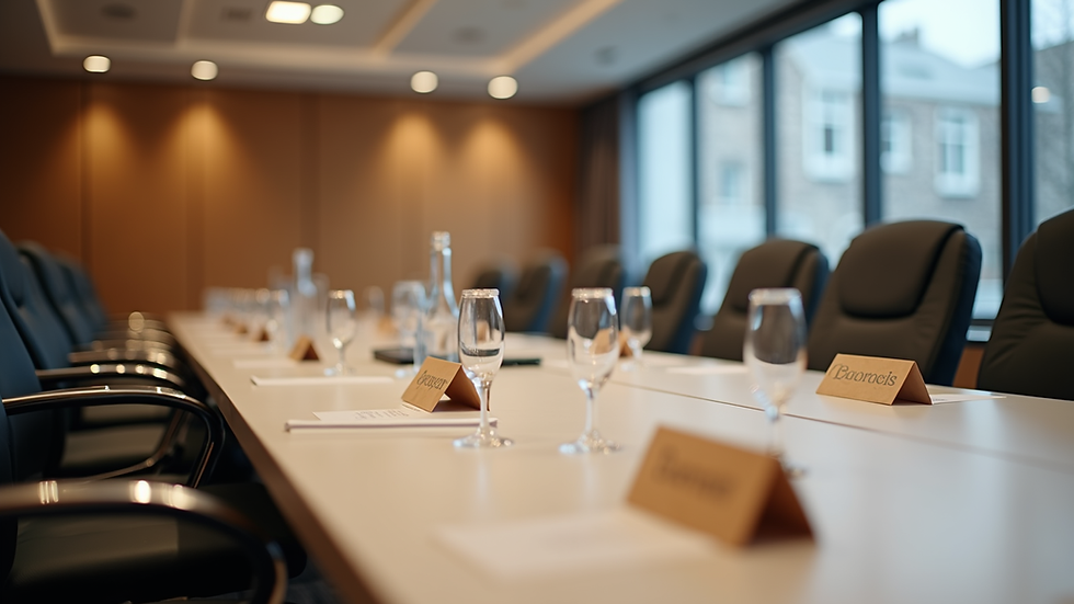 Eye-level view of a conference room set up with personalized name tags and tailored seating arrangements
