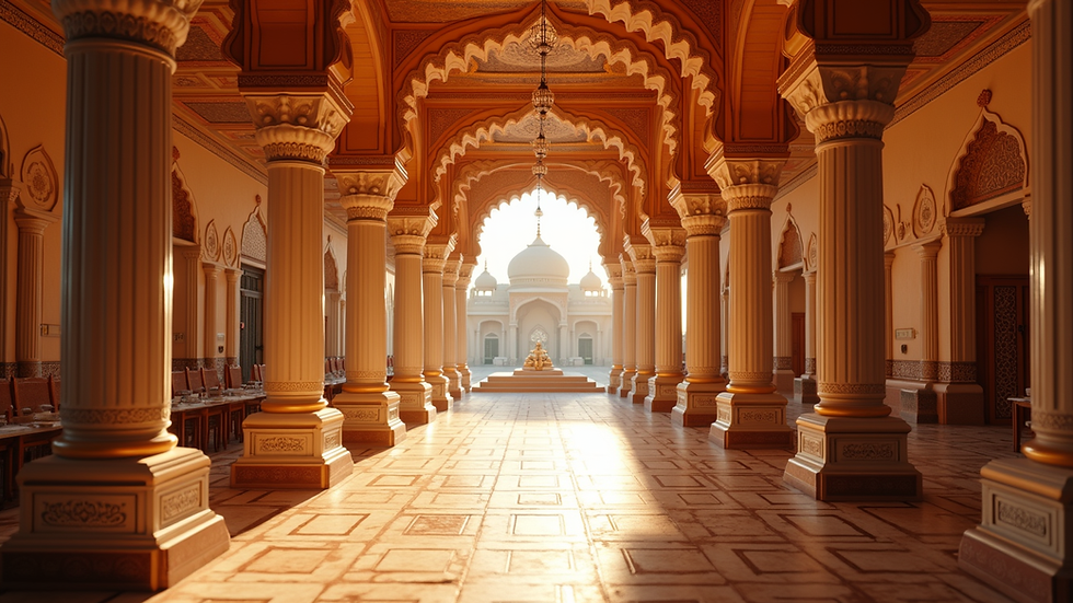 High angle view of a decorated banquet hall with traditional Indian motifs