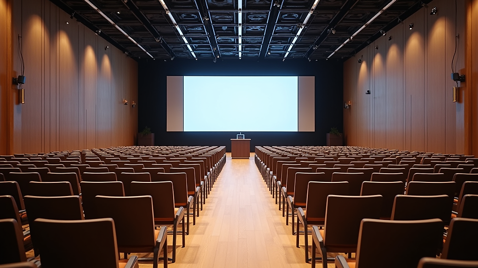Eye-level view of a modern conference hall set up for a corporate event