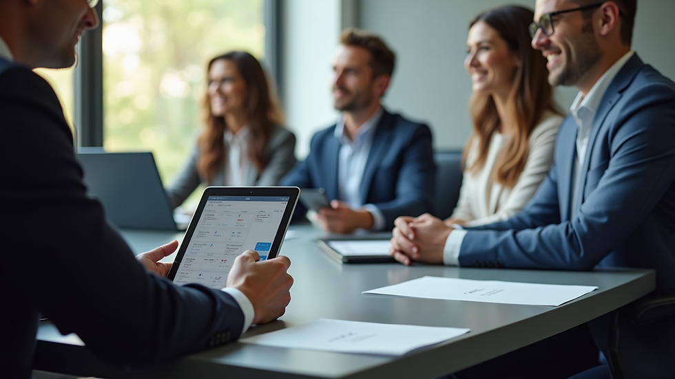 Eye-level view of a conference room with personalized digital agendas on attendees' devices