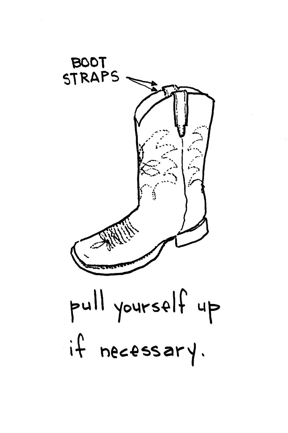 Hand-drawn boot labeled BOOT STRAPS with text: pull yourself up if necessary.