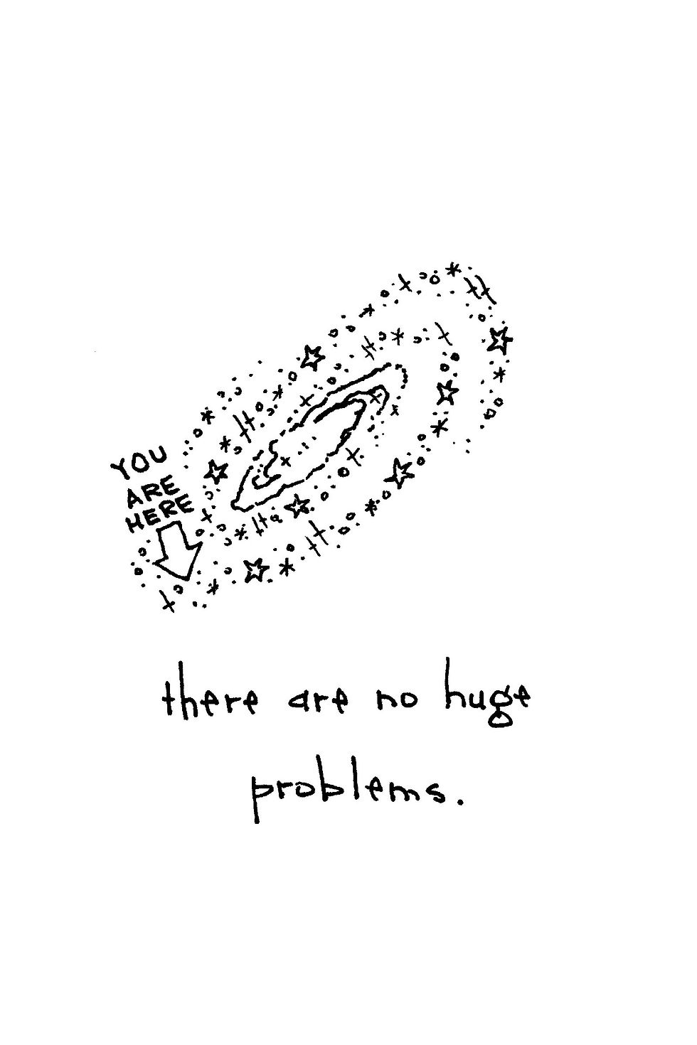Hand-drawn galaxy with stars and arrow labeled YOU ARE HERE; caption says there are no huge problems.