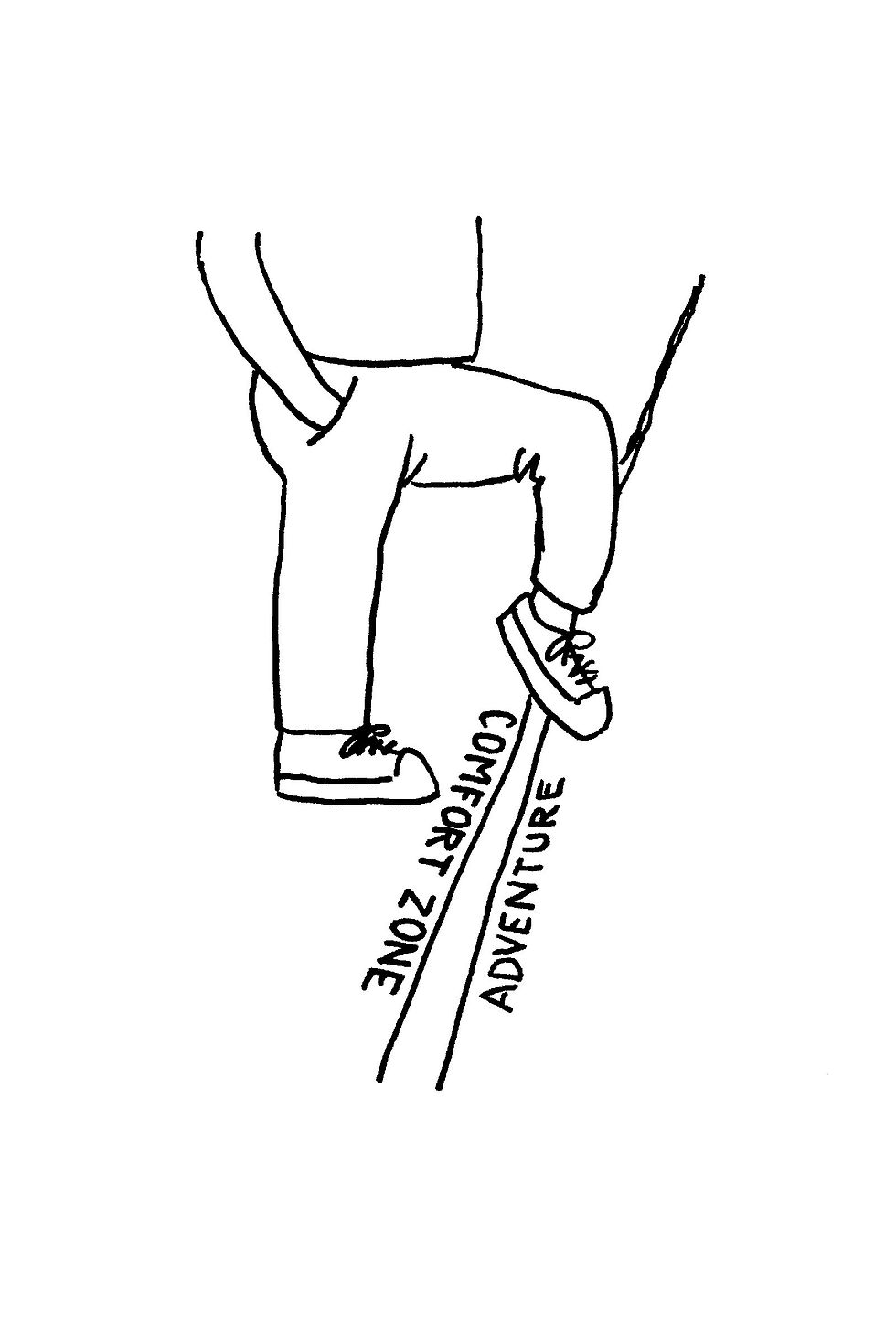 Line drawing of a person stepping from COMFORT ZONE to ADVENTURE, one foot on each side, on a white background