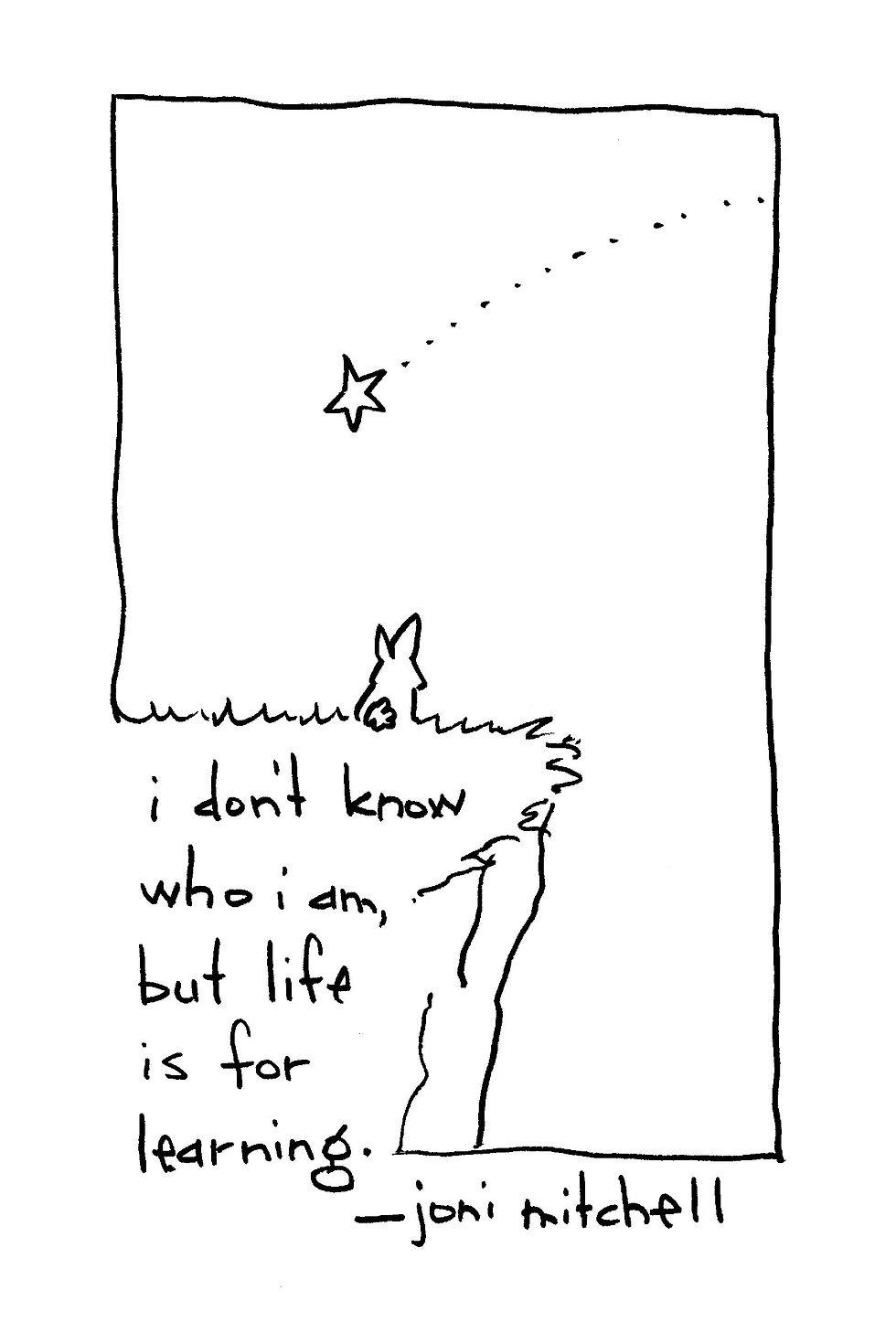 Hand-drawn quote with a star, rabbit, and dotted trail: I don't know who I am, but life is for learning. —joni mitchell