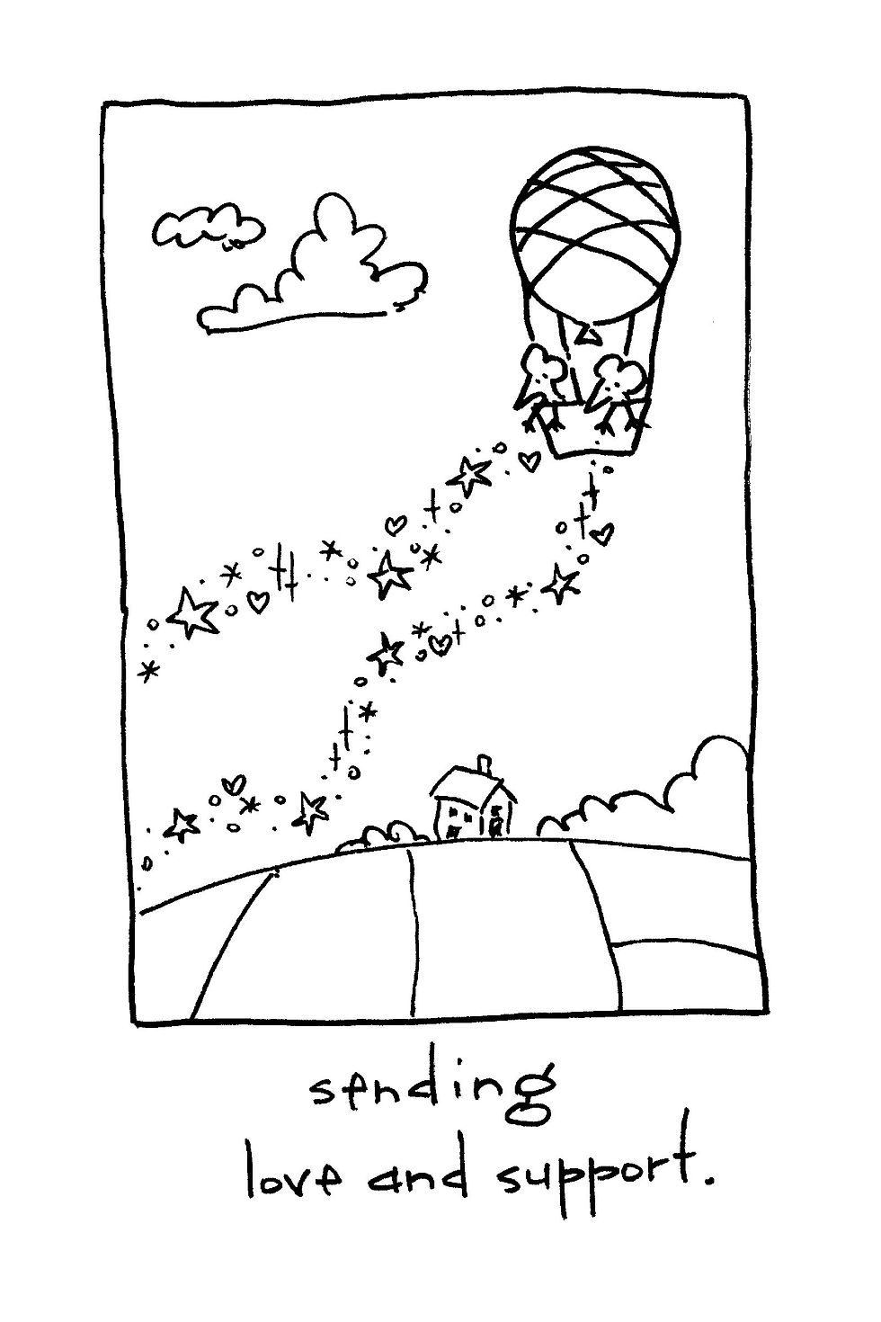 Line drawing of a hot air balloon with two mice, leaving a starry trail over a house; text says spreading love and support.