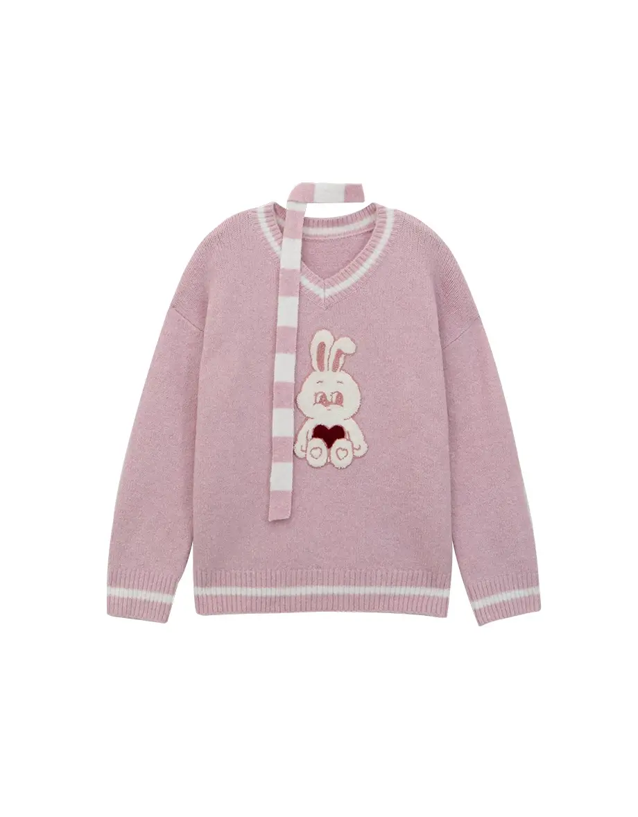 Thumbnail: Lyra Bunny Print V Neck Knit Pullover Sweater (with Detachable Stripe Scarf Tie)